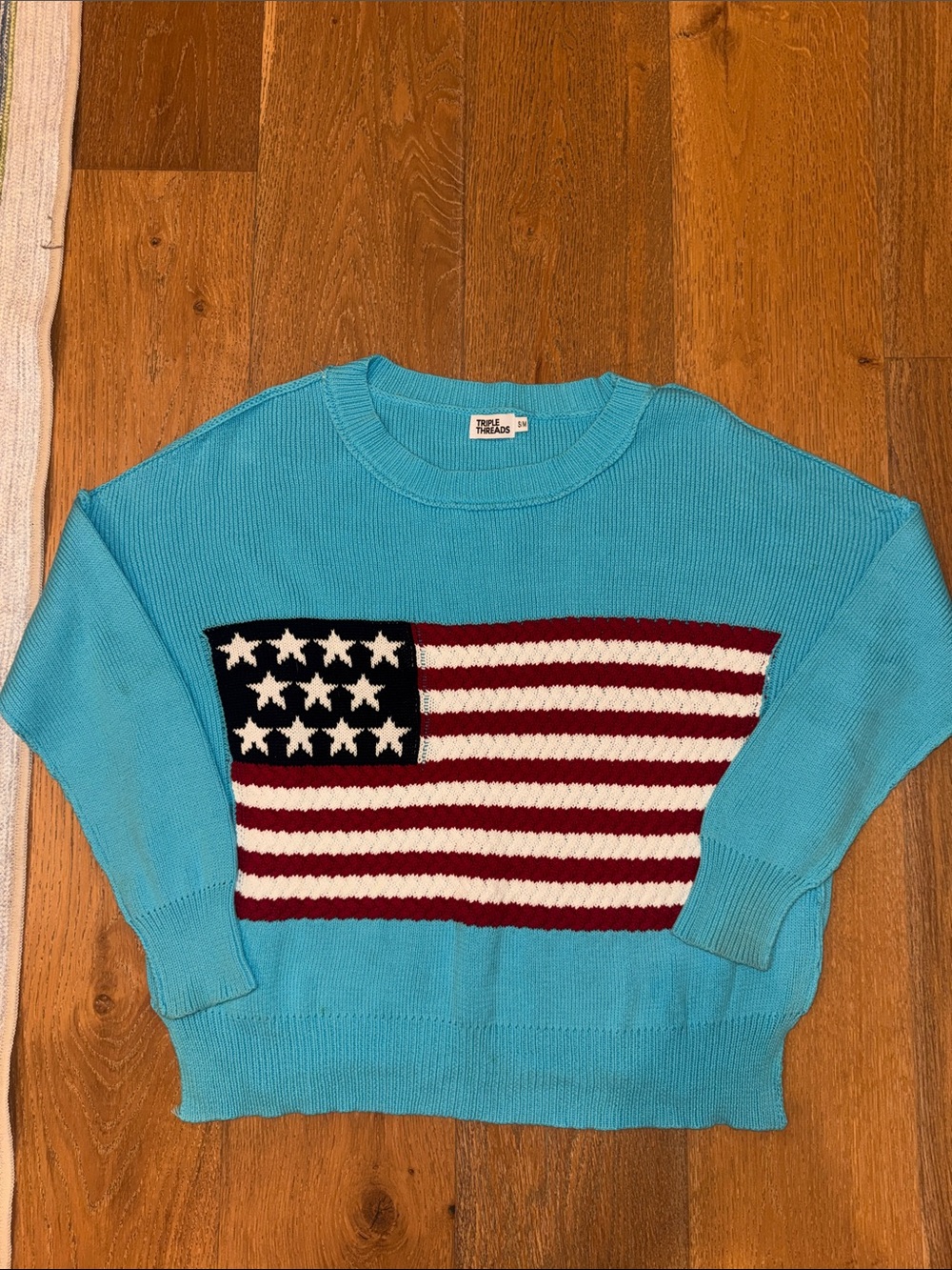 Aqua Crewneck Sweater with Flag Knit Panel
